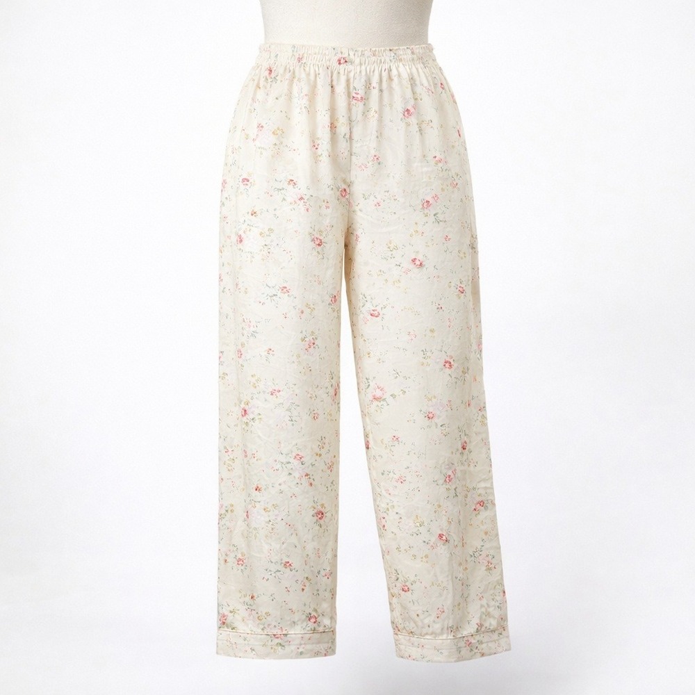 Vintage Womens Floral Silk Satin Pajama Pants Size S Pink Cream Whimsy Botanical